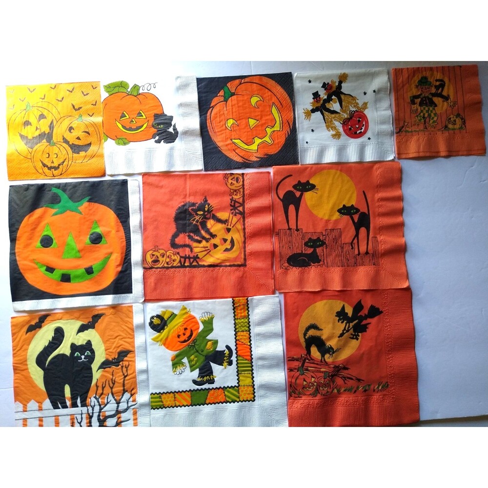 Halloween Vintage Paper Napkins Lot Of 11 Scarecrow Black Cats Witches Owls Bats
